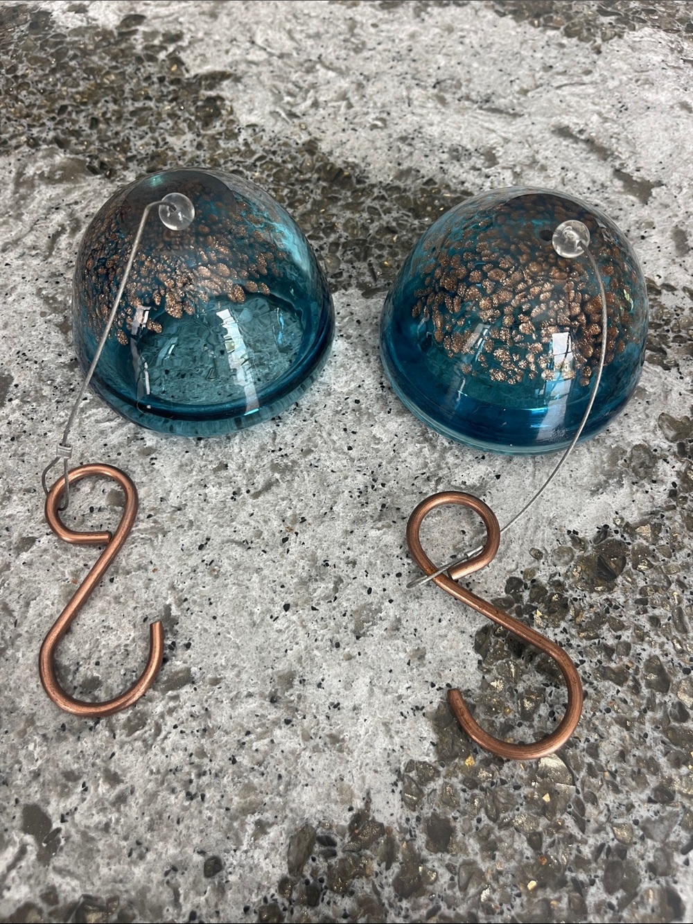 Blue Glass Hanging Orbs with Copper Accents - Pair